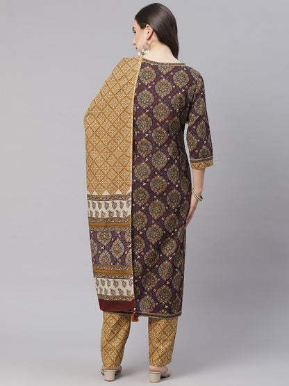 Women'S Brown Cotton Straight Kurta Pant Set With Dupatta | LASVINI - Redefining Indian Fashion with Elegance
