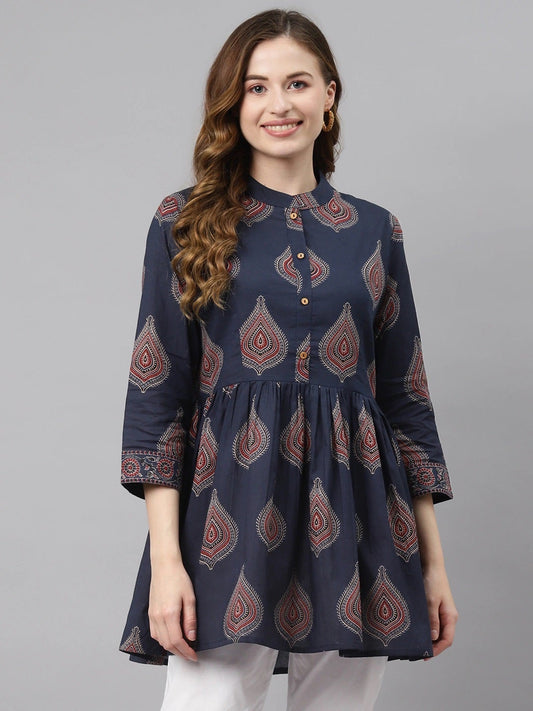 Women'S Navy Blue Buti Print Cotton Peplum Top | LASVINI - Redefining Indian Fashion with Elegance