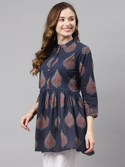 Women'S Navy Blue Buti Print Cotton Peplum Top | LASVINI - Redefining Indian Fashion with Elegance