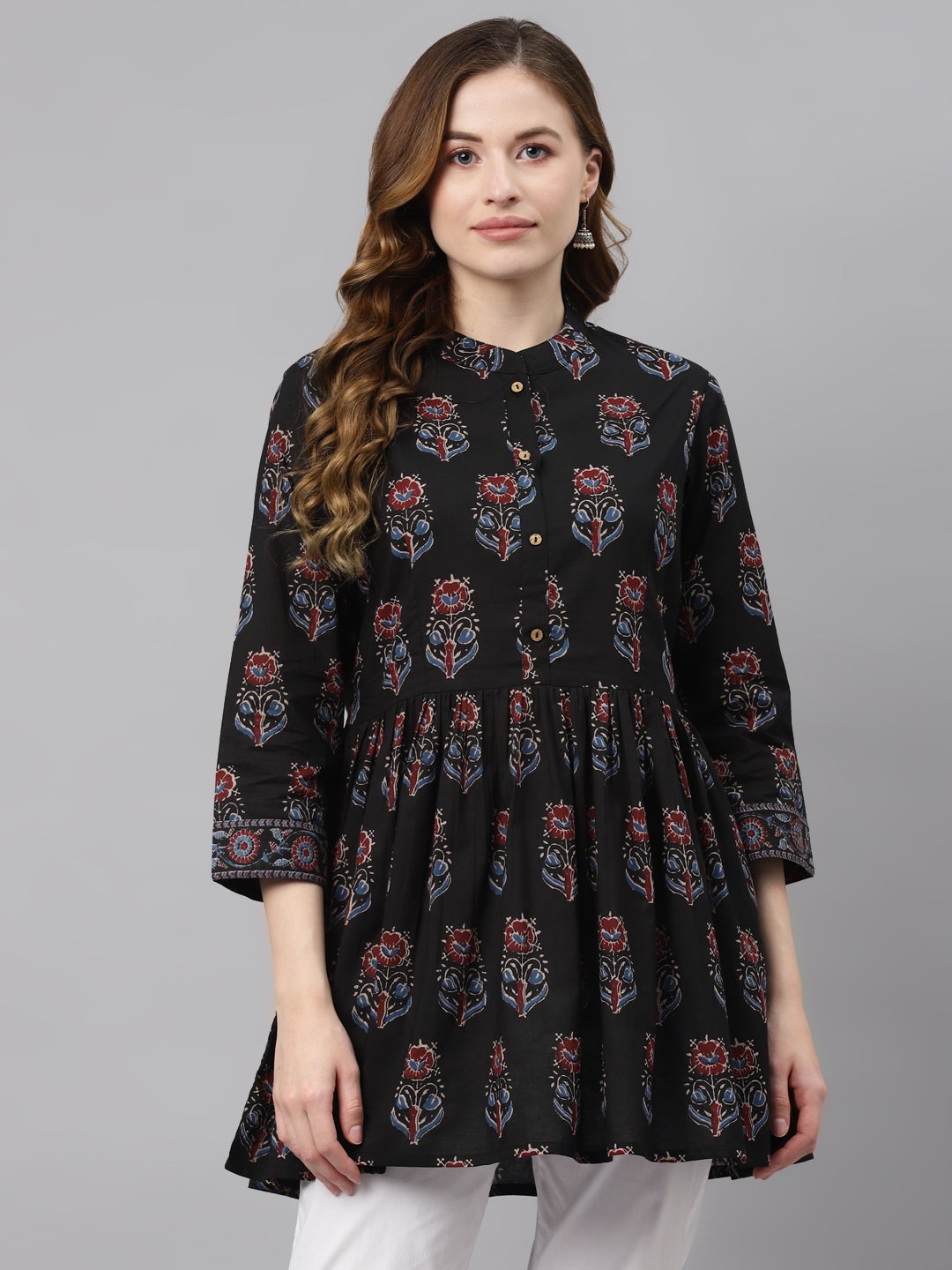 Women'S Black Floral Cotton Peplum Top | LASVINI - Redefining Indian Fashion with Elegance