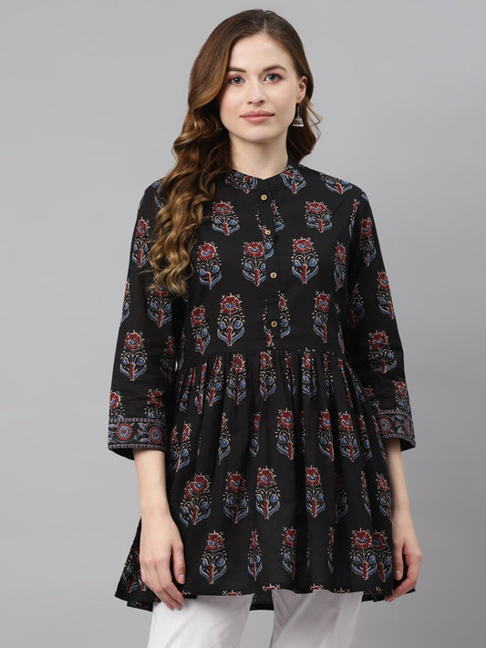 Women'S Black Floral Cotton Peplum Top | LASVINI - Redefining Indian Fashion with Elegance