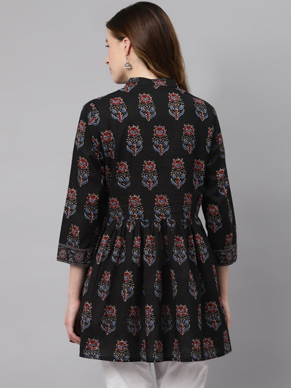 Women'S Black Floral Cotton Peplum Top | LASVINI - Redefining Indian Fashion with Elegance