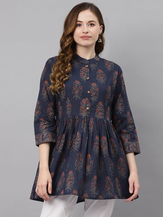 Women'S Navy Blue Floral Cotton Peplum Top | LASVINI - Redefining Indian Fashion with Elegance