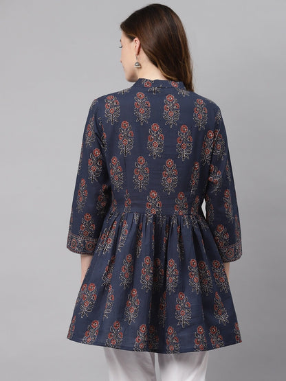 Women'S Navy Blue Floral Cotton Peplum Top | LASVINI - Redefining Indian Fashion with Elegance