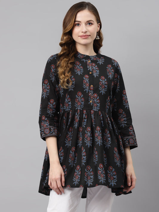 Women'S Black Floral Cotton Peplum Top | LASVINI - Redefining Indian Fashion with Elegance