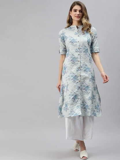 Off White And Blue Floral Printed Cotton A-Line Kurta | LASVINI - Redefining Indian Fashion with Elegance