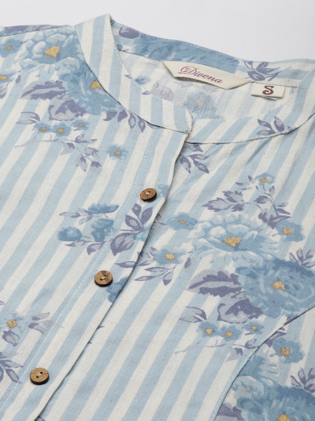 Off White And Blue Floral Printed Cotton A-Line Kurta | LASVINI - Redefining Indian Fashion with Elegance