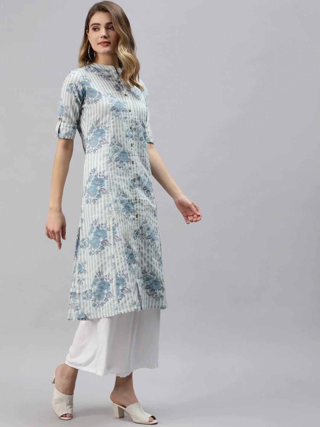 Off White And Blue Floral Printed Cotton A-Line Kurta | LASVINI - Redefining Indian Fashion with Elegance
