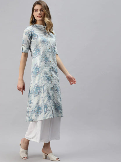 Off White And Blue Floral Printed Cotton A-Line Kurta | LASVINI - Redefining Indian Fashion with Elegance
