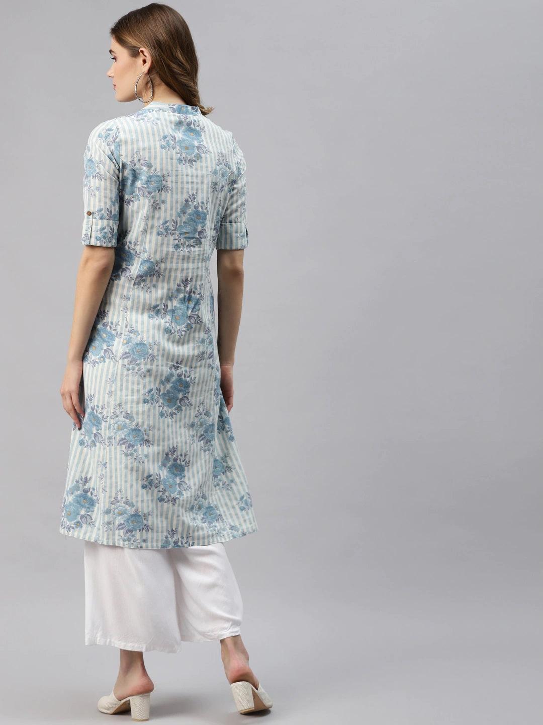 Off White And Blue Floral Printed Cotton A-Line Kurta | LASVINI - Redefining Indian Fashion with Elegance