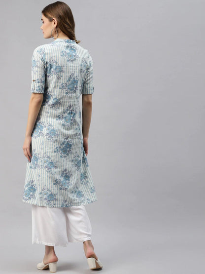 Off White And Blue Floral Printed Cotton A-Line Kurta | LASVINI - Redefining Indian Fashion with Elegance