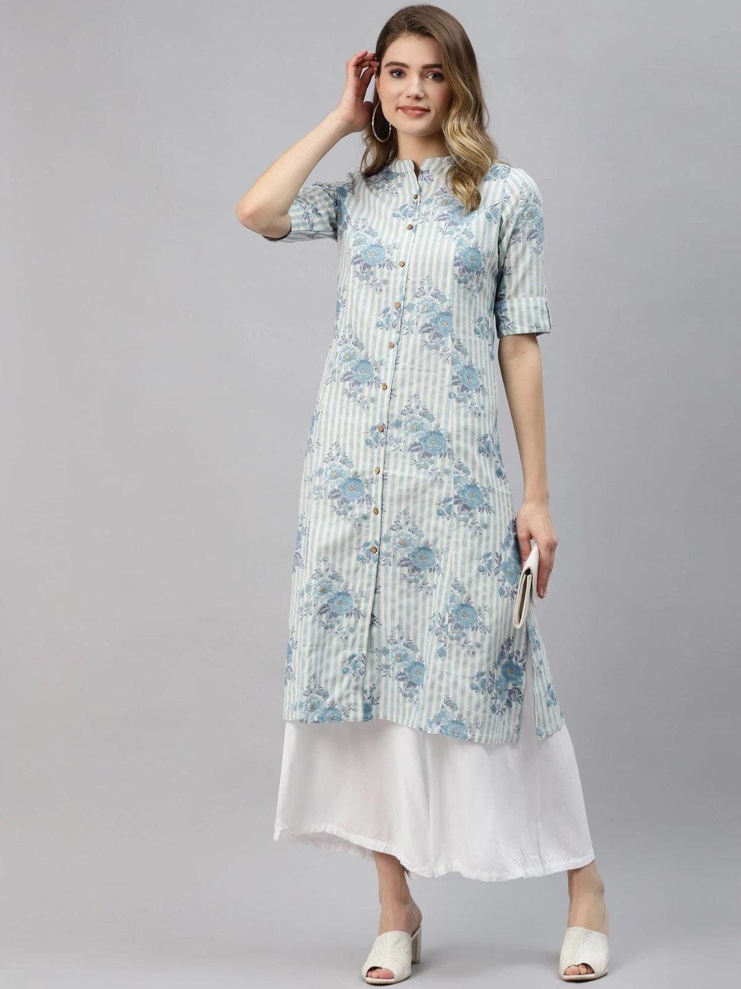 Off White And Blue Floral Printed Cotton A-Line Kurta | LASVINI - Redefining Indian Fashion with Elegance