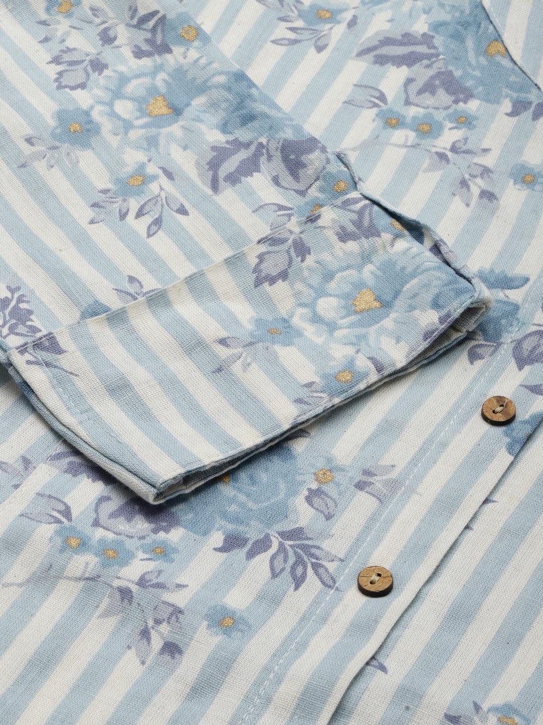 Off White And Blue Floral Printed Cotton A-Line Kurta | LASVINI - Redefining Indian Fashion with Elegance