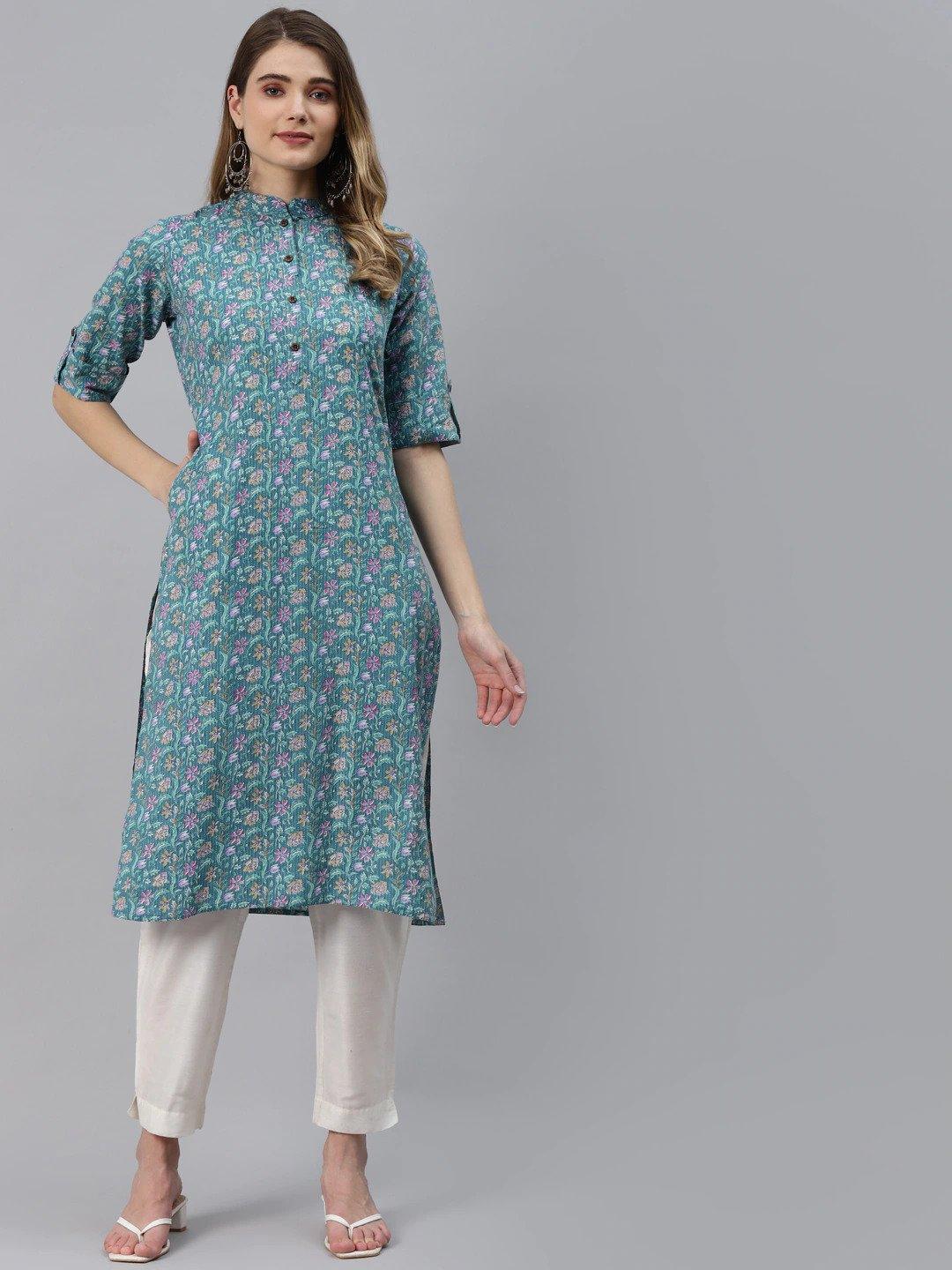 Sea Green Cotton Straight Kurta | LASVINI - Redefining Indian Fashion with Elegance