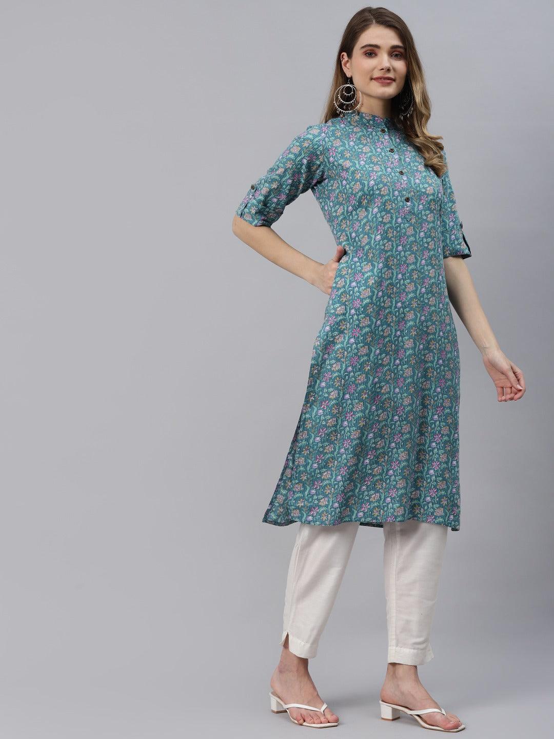 Sea Green Cotton Straight Kurta | LASVINI - Redefining Indian Fashion with Elegance