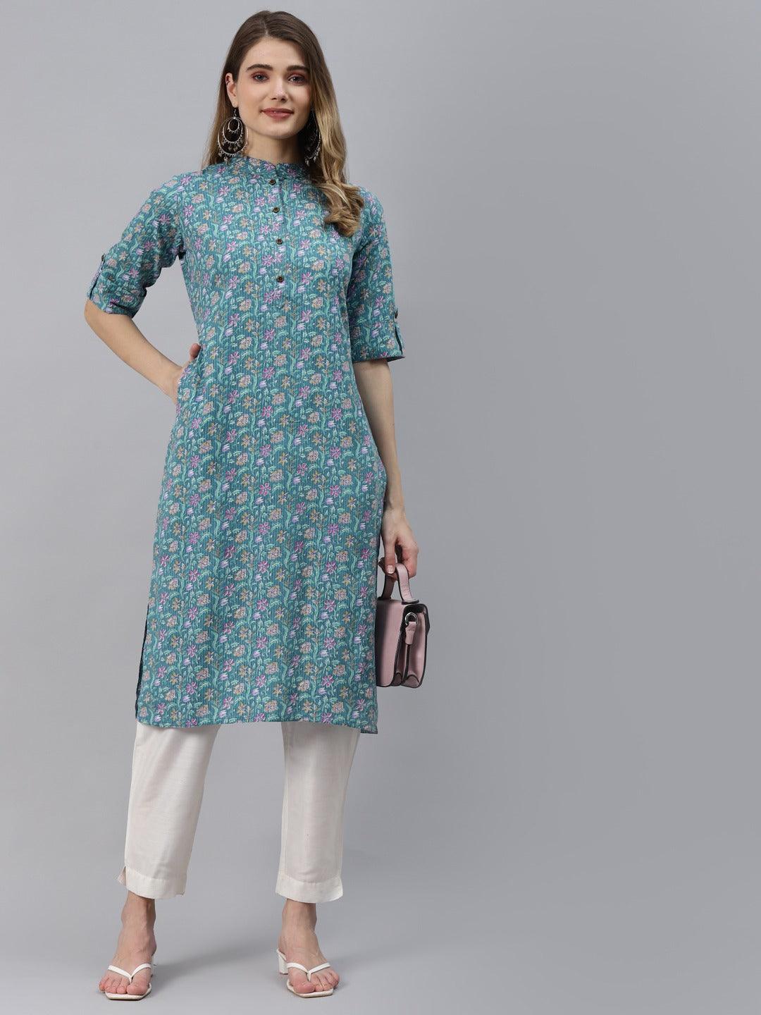 Sea Green Cotton Straight Kurta | LASVINI - Redefining Indian Fashion with Elegance