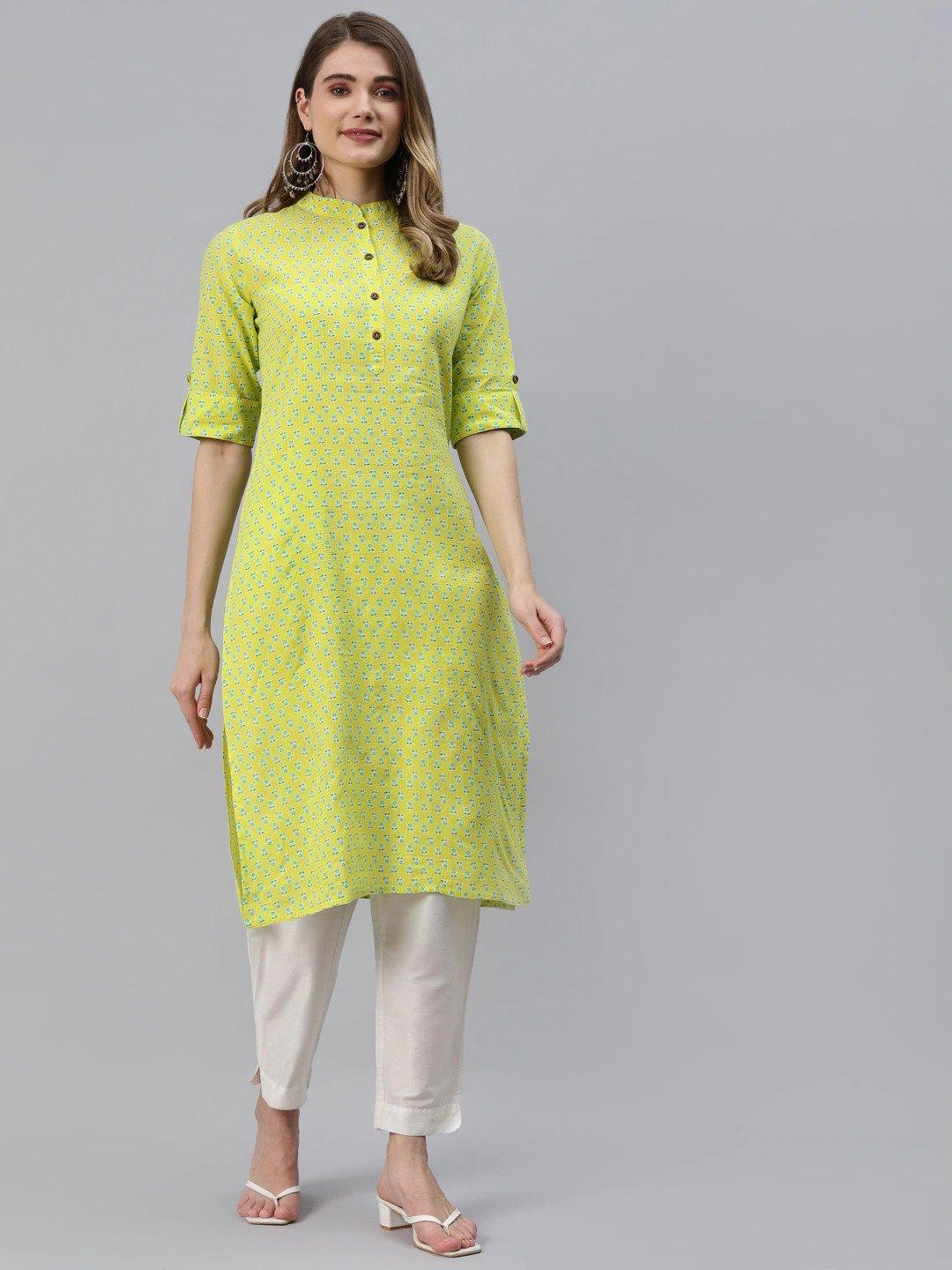 Yellow And Green Cotton Straight Kurta | LASVINI - Redefining Indian Fashion with Elegance