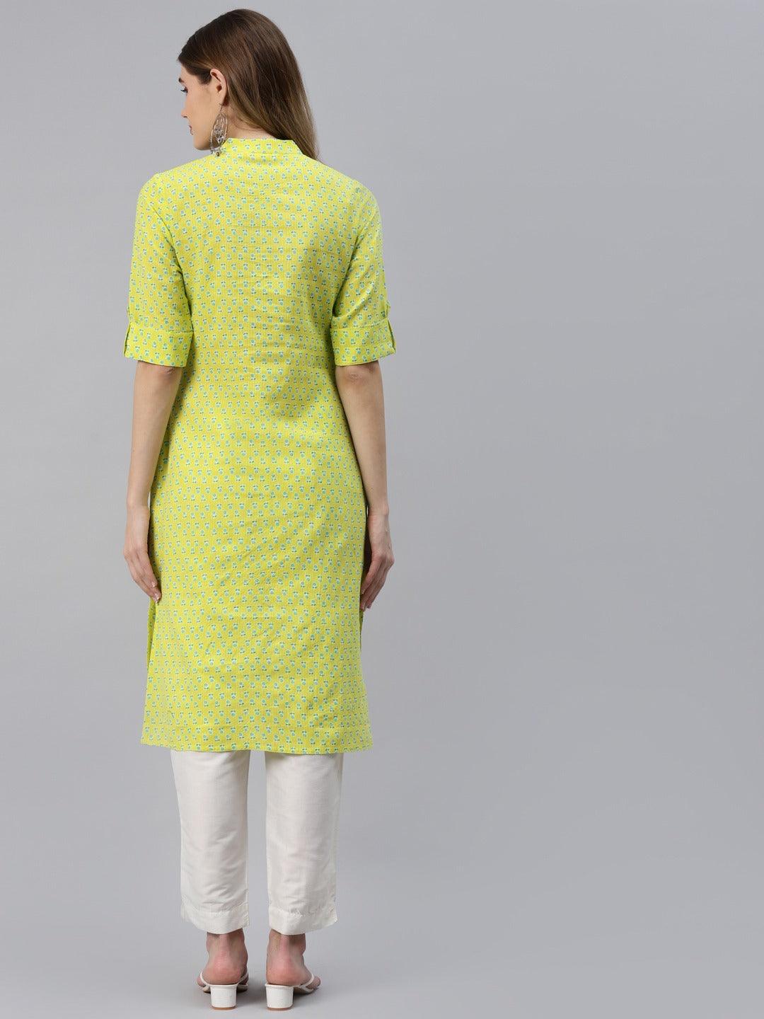 Yellow And Green Cotton Straight Kurta | LASVINI - Redefining Indian Fashion with Elegance