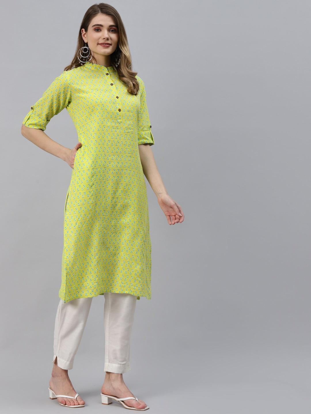 Yellow And Green Cotton Straight Kurta | LASVINI - Redefining Indian Fashion with Elegance