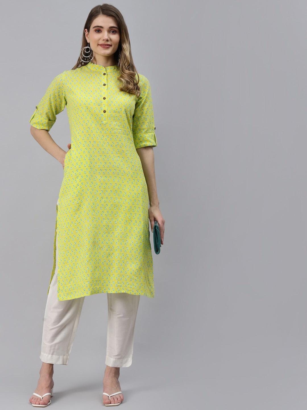 Yellow And Green Cotton Straight Kurta | LASVINI - Redefining Indian Fashion with Elegance
