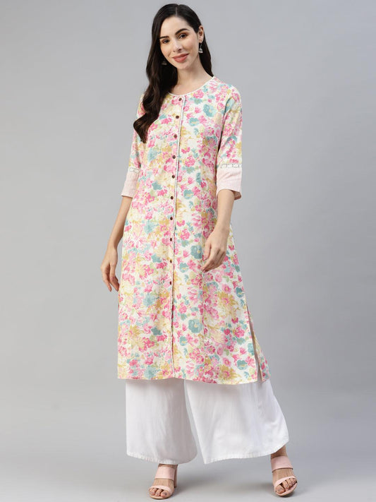Multi Floral Printed Cotton Flex A-Line Kurta | LASVINI - Redefining Indian Fashion with Elegance