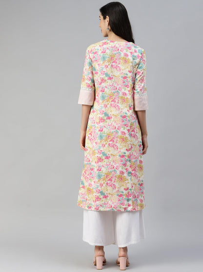 Multi Floral Printed Cotton Flex A-Line Kurta | LASVINI - Redefining Indian Fashion with Elegance