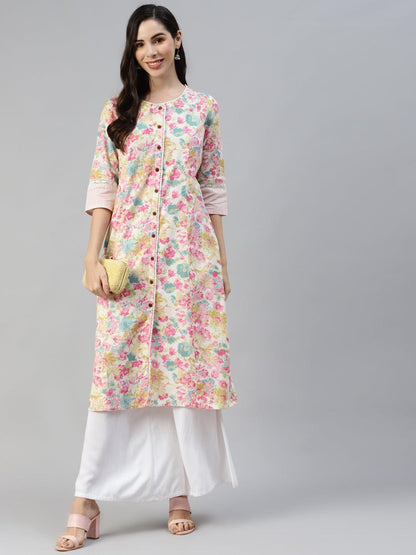 Multi Floral Printed Cotton Flex A-Line Kurta | LASVINI - Redefining Indian Fashion with Elegance