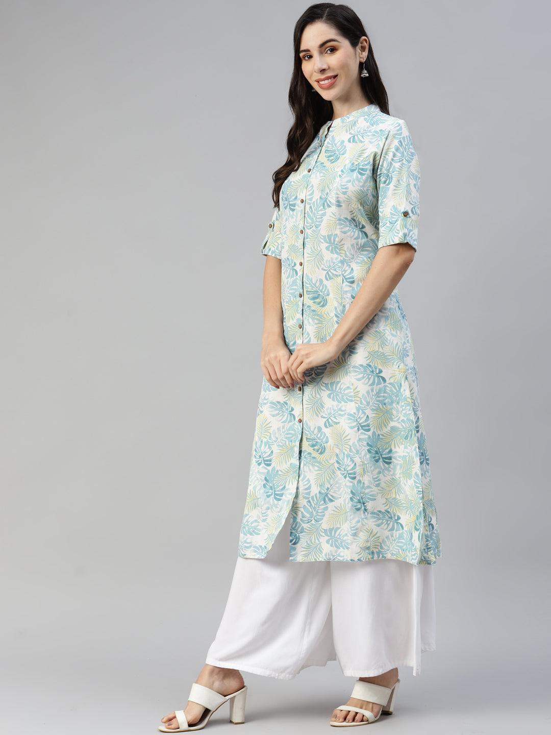 White Floral Printed Cotton Flex A-Line Kurta | LASVINI - Redefining Indian Fashion with Elegance