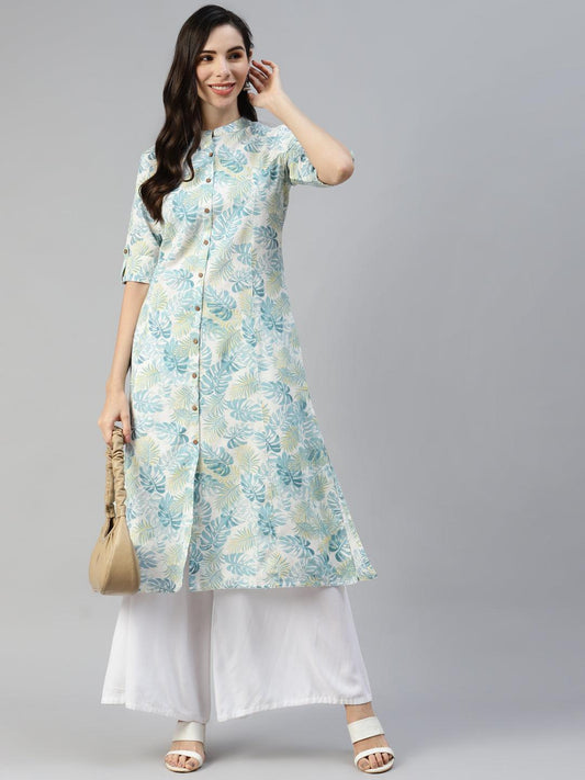 White Floral Printed Cotton Flex A-Line Kurta | LASVINI - Redefining Indian Fashion with Elegance
