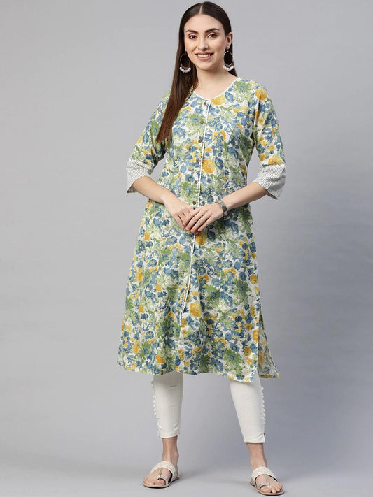 Multi Color Floral Printed Cotton Flex A-Line Kurta | LASVINI - Redefining Indian Fashion with Elegance
