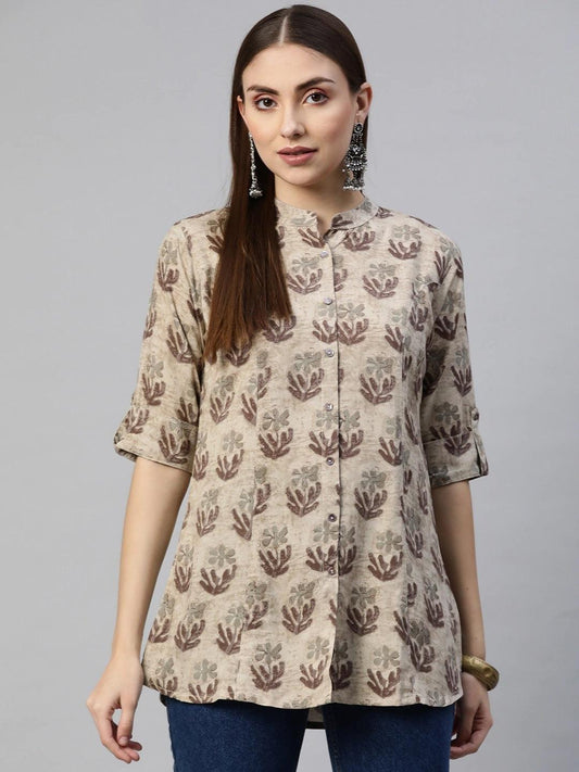 Brown Floral Rayon A-Line Shirt Style Top | LASVINI - Redefining Indian Fashion with Elegance