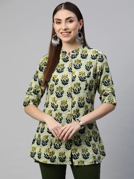 Green Blue Floral Rayon A-Line Shirt Style Top | LASVINI - Redefining Indian Fashion with Elegance