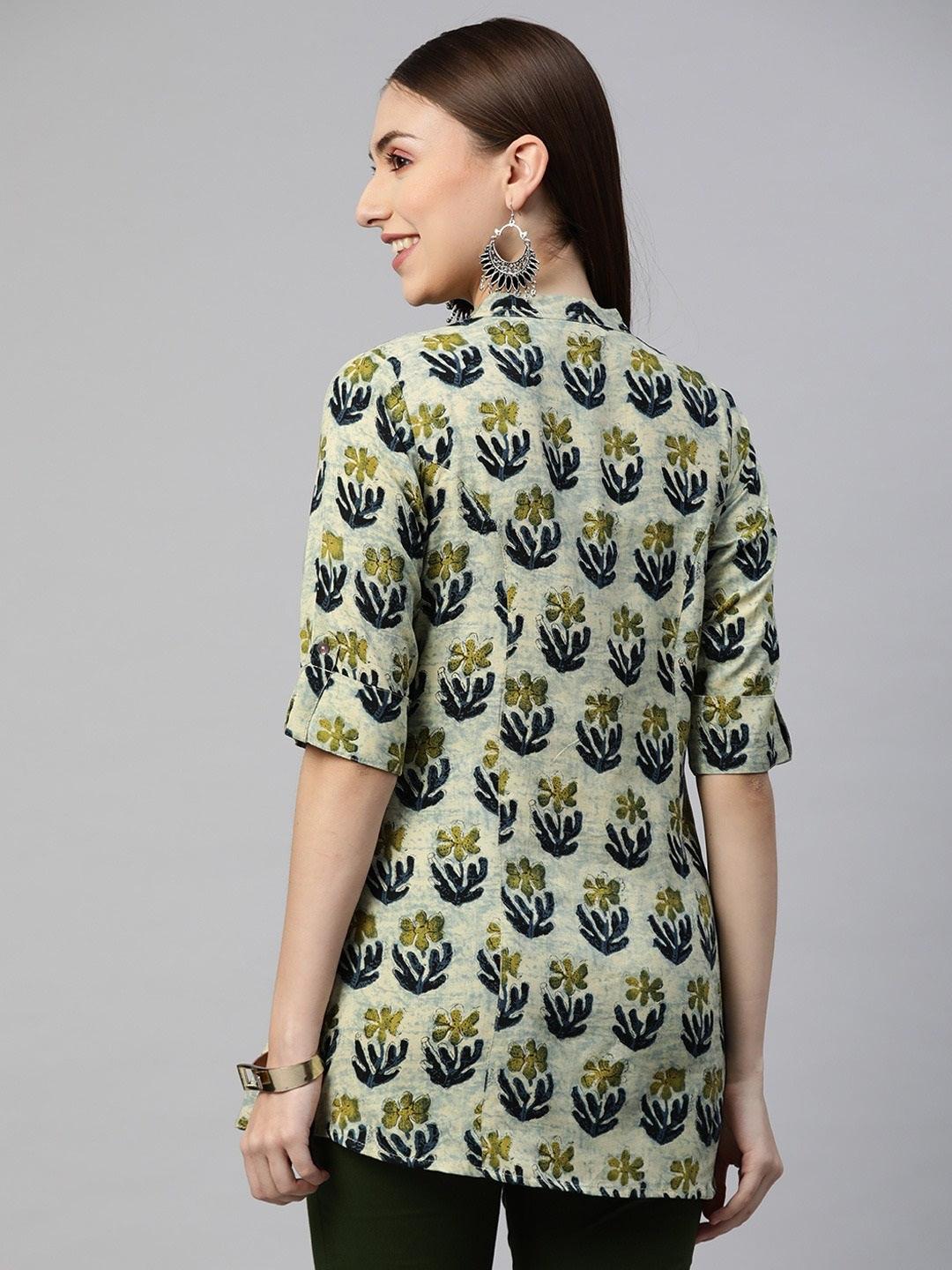 Green Blue Floral Rayon A-Line Shirt Style Top | LASVINI - Redefining Indian Fashion with Elegance