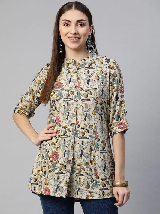 Beige Multi Floral Rayon A-Line Shirts Style Top | LASVINI - Redefining Indian Fashion with Elegance