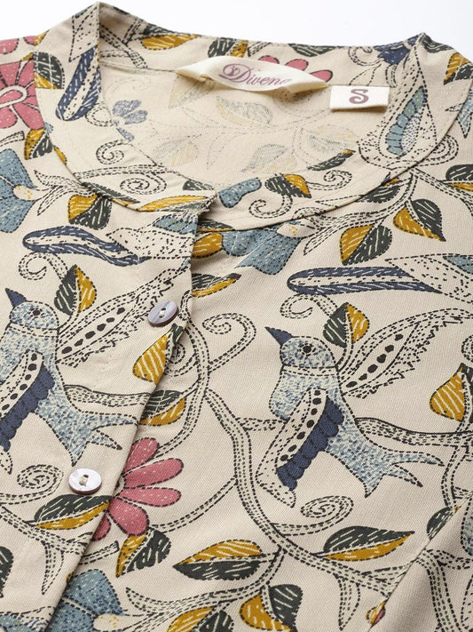 Beige Multi Floral Rayon A-Line Shirts Style Top | LASVINI - Redefining Indian Fashion with Elegance