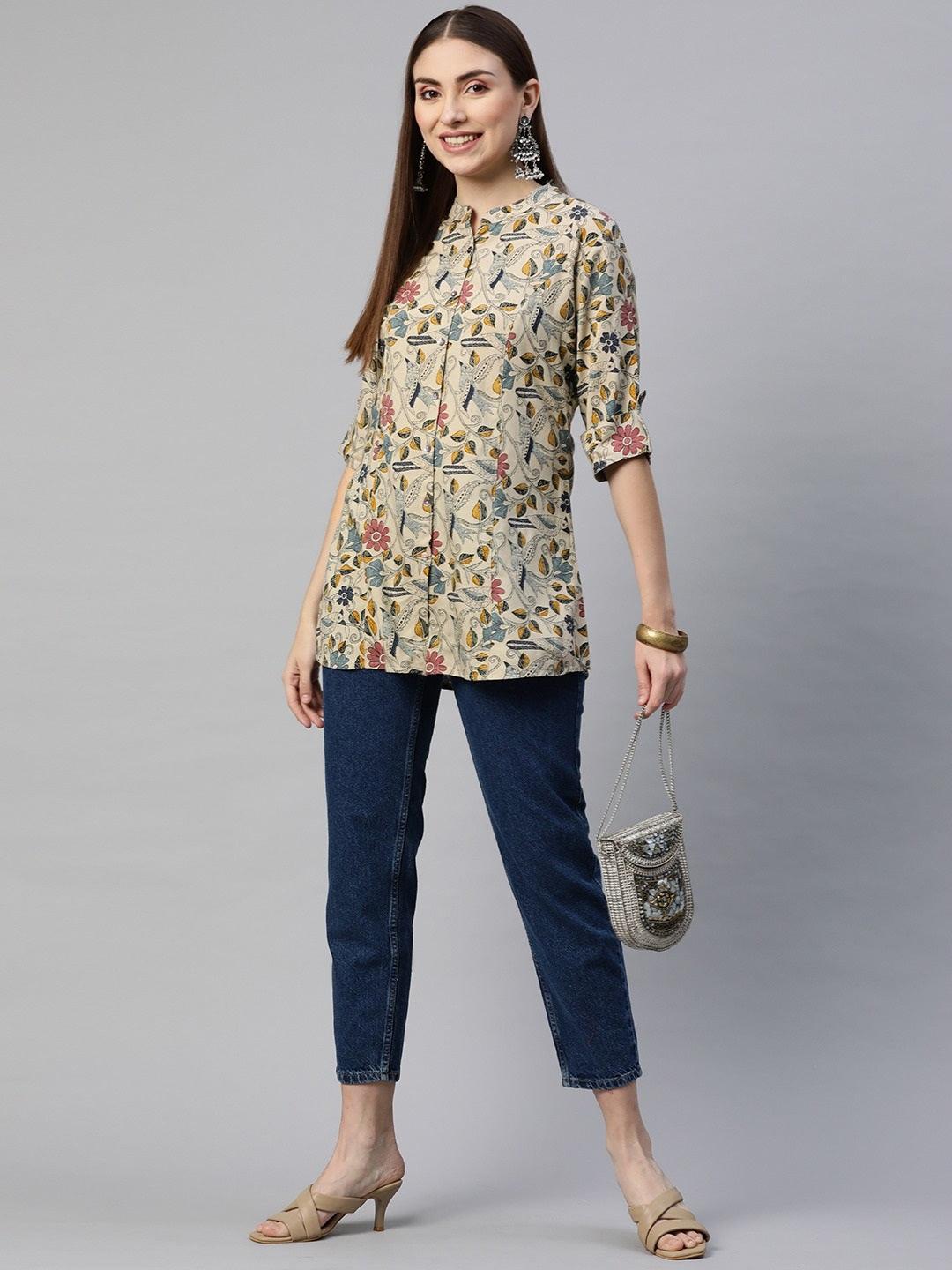 Beige Multi Floral Rayon A-Line Shirts Style Top | LASVINI - Redefining Indian Fashion with Elegance