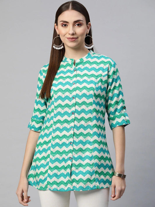 Teal Blue Geometric Rayon A-Line Shirts Style Top | LASVINI - Redefining Indian Fashion with Elegance