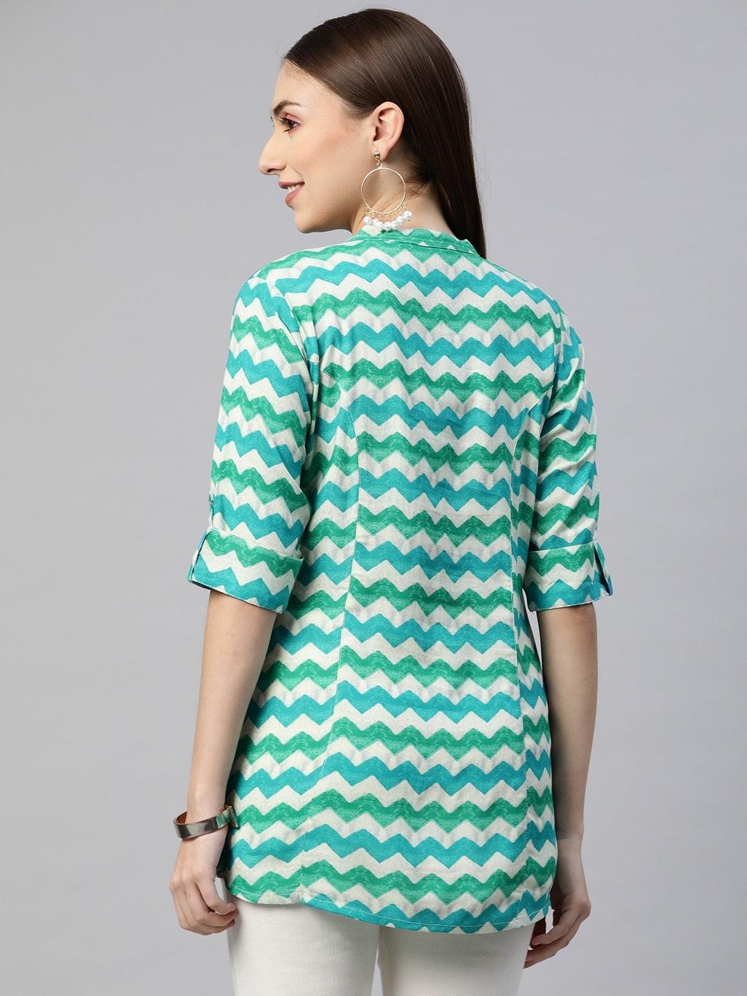 Teal Blue Geometric Rayon A-Line Shirts Style Top | LASVINI - Redefining Indian Fashion with Elegance