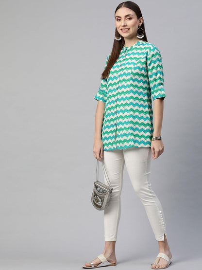 Teal Blue Geometric Rayon A-Line Shirts Style Top | LASVINI - Redefining Indian Fashion with Elegance