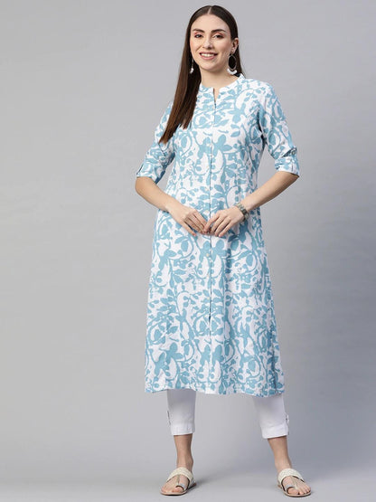 White Blue Cotton A-Line Kurta | LASVINI - Redefining Indian Fashion with Elegance
