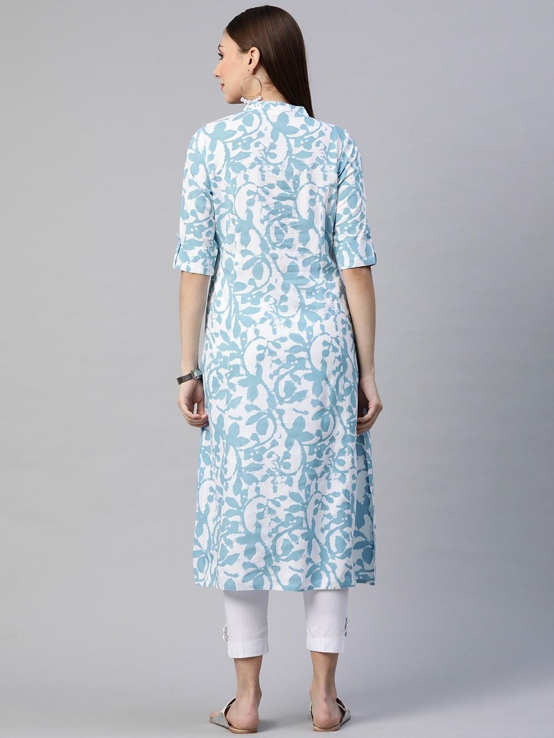 White Blue Cotton A-Line Kurta | LASVINI - Redefining Indian Fashion with Elegance