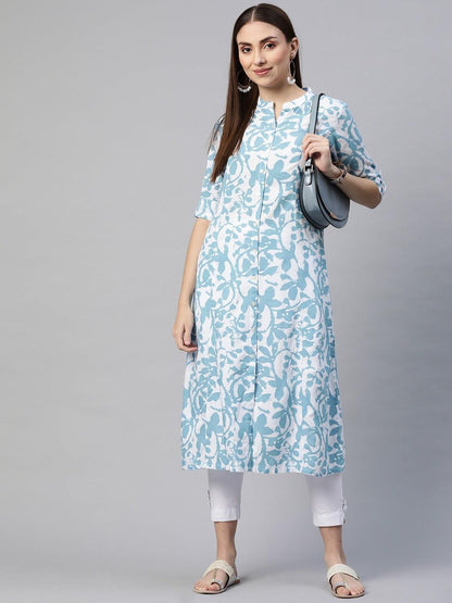 White Blue Cotton A-Line Kurta | LASVINI - Redefining Indian Fashion with Elegance
