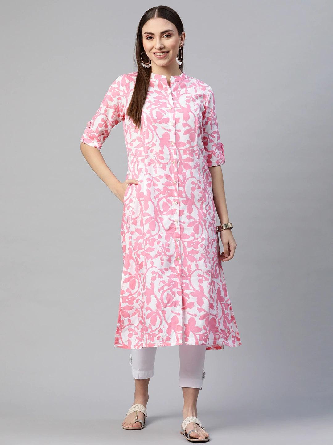 White-Pink Cotton A-Line Kurta | LASVINI - Redefining Indian Fashion with Elegance