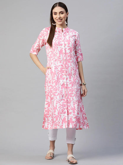 White-Pink Cotton A-Line Kurta | LASVINI - Redefining Indian Fashion with Elegance