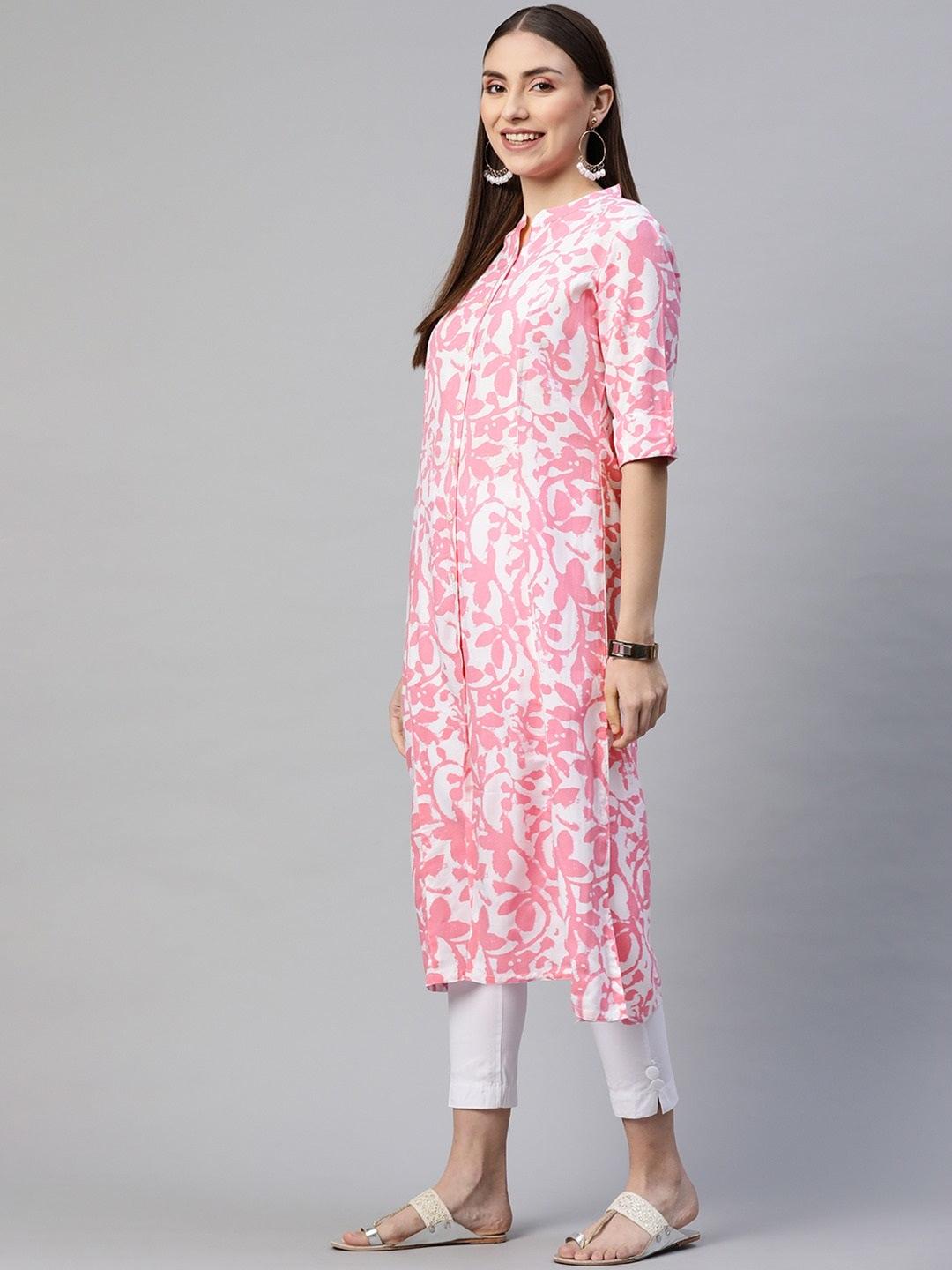White-Pink Cotton A-Line Kurta | LASVINI - Redefining Indian Fashion with Elegance
