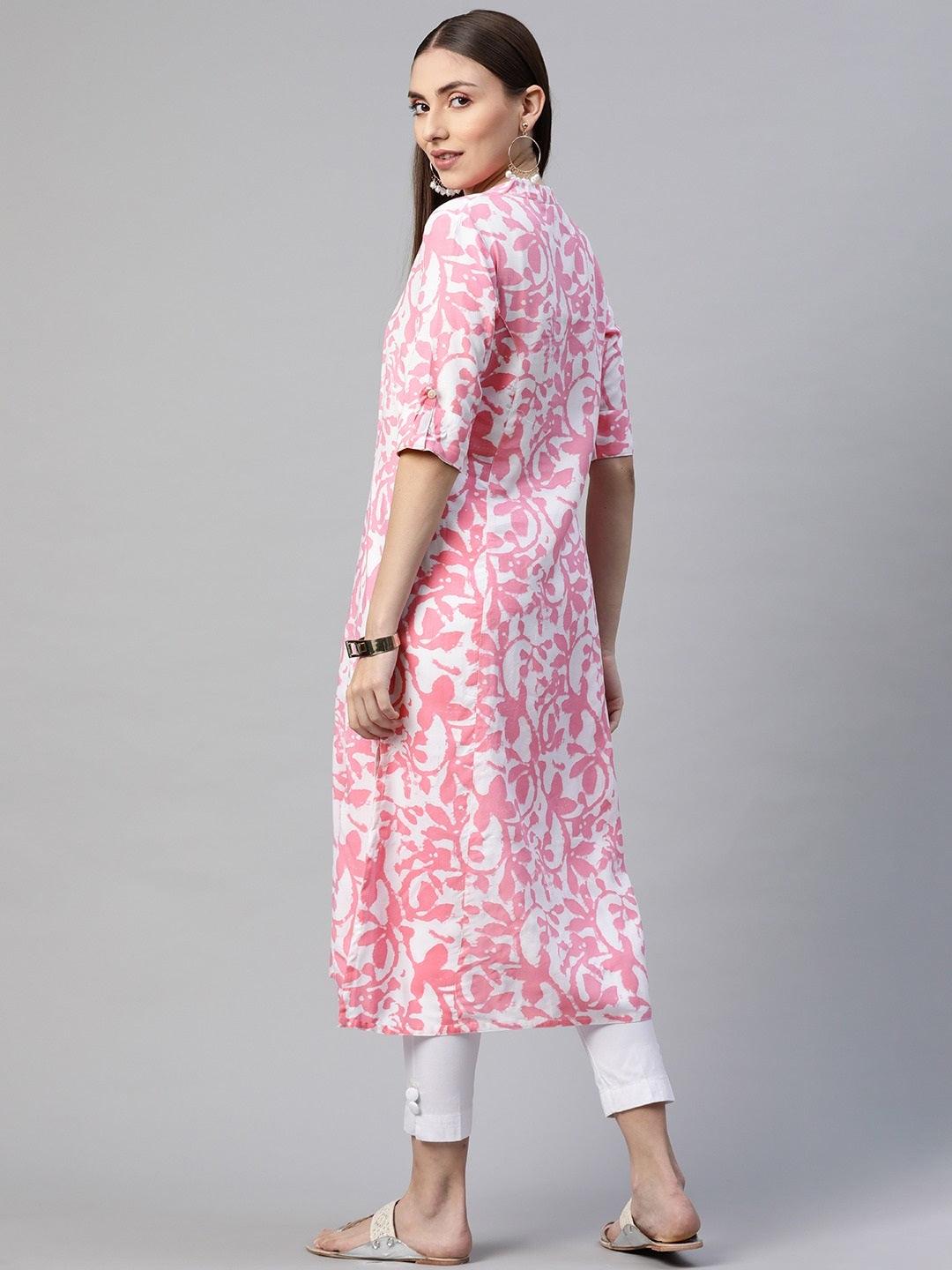 White-Pink Cotton A-Line Kurta | LASVINI - Redefining Indian Fashion with Elegance