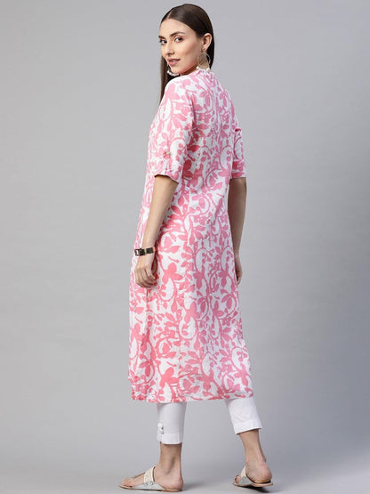 White-Pink Cotton A-Line Kurta | LASVINI - Redefining Indian Fashion with Elegance