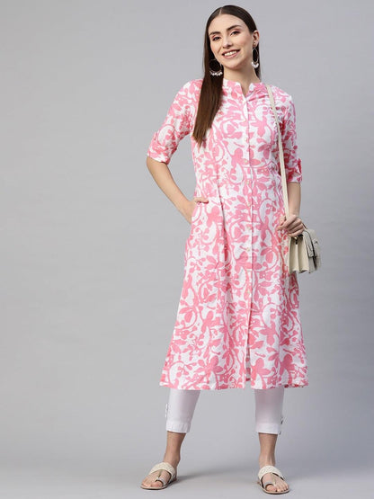 White-Pink Cotton A-Line Kurta | LASVINI - Redefining Indian Fashion with Elegance