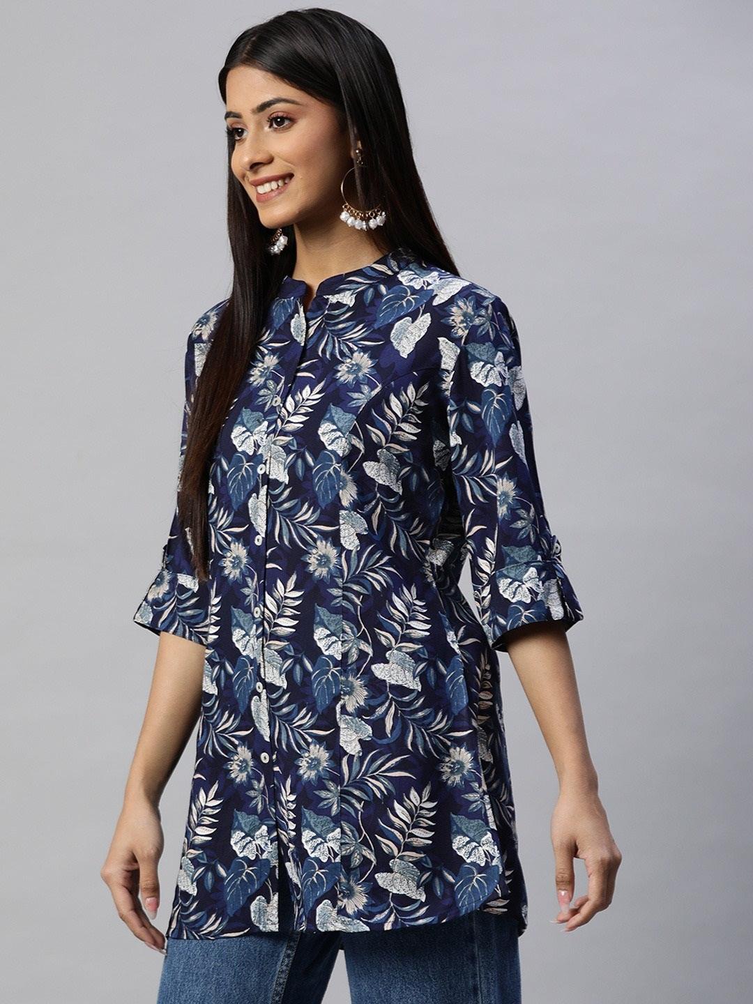 Navy Blue Rayon Printed Top | LASVINI - Redefining Indian Fashion with Elegance
