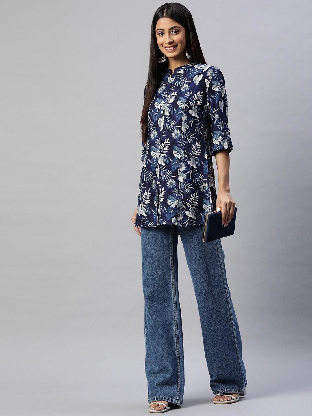 Navy Blue Rayon Printed Top | LASVINI - Redefining Indian Fashion with Elegance